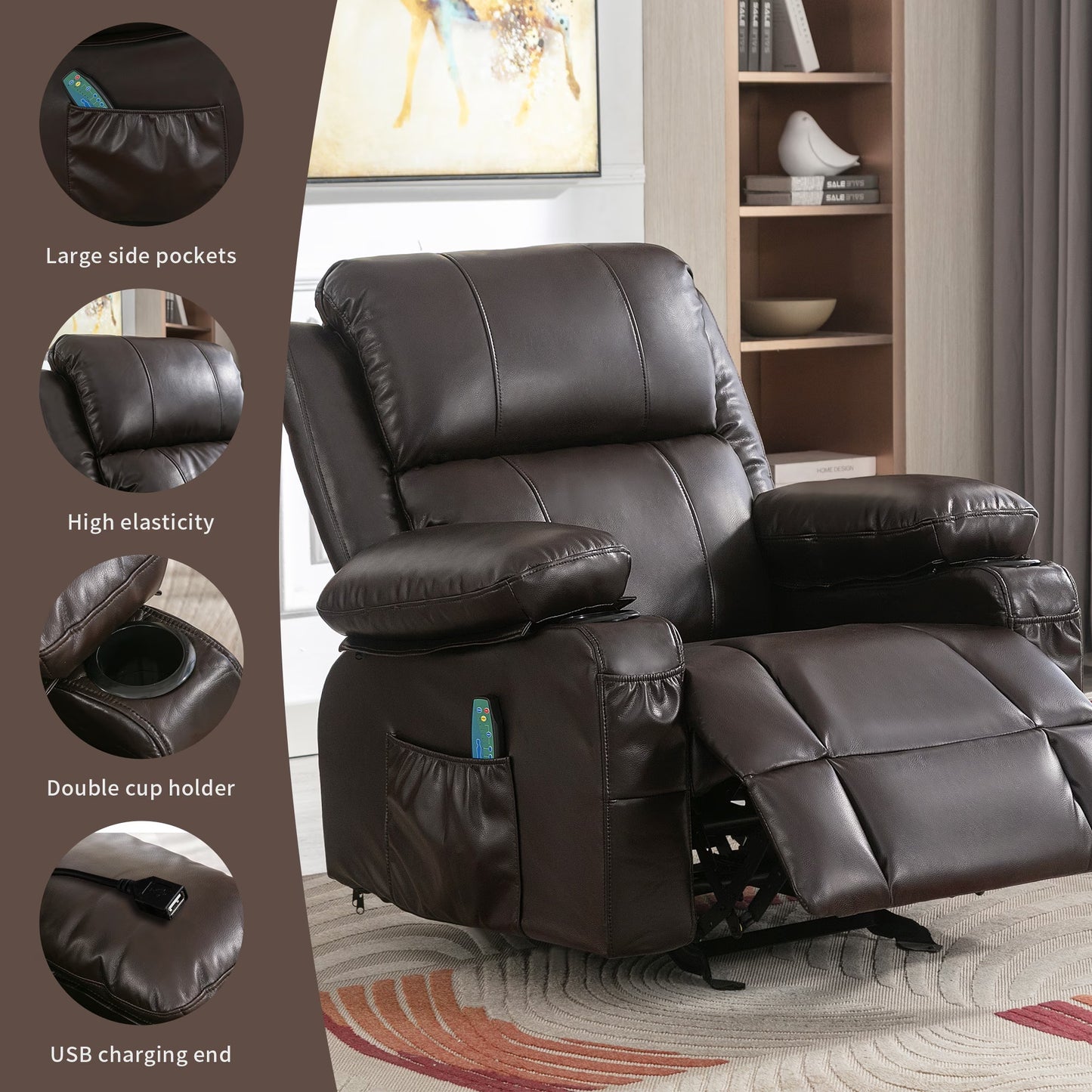 Recliner Chair Rocking Chairs For Adults With 2 Cup Holders, USB Charge Port Soft Features A Manual Massage And Heat.BROWN