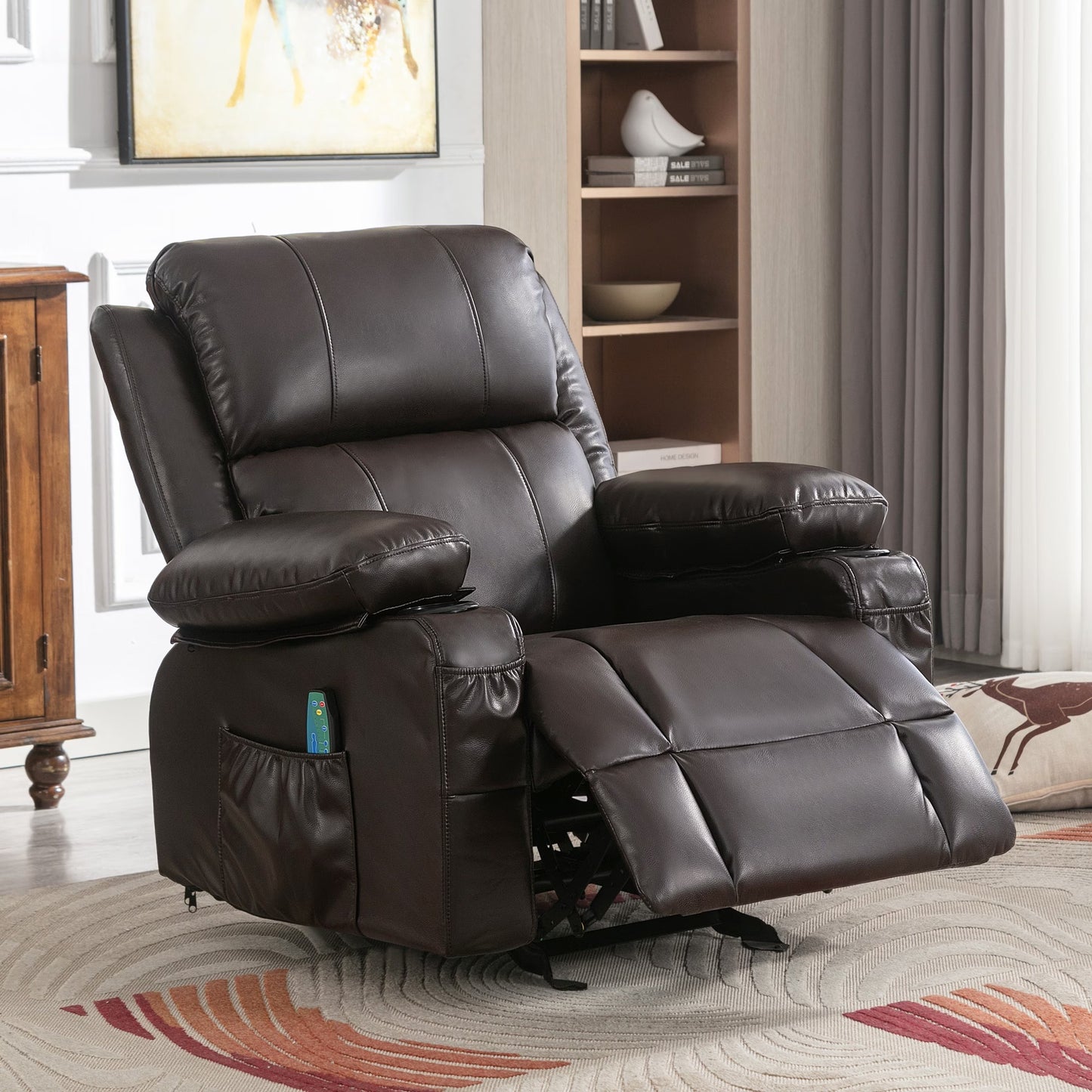 Recliner Chair Rocking Chairs For Adults With 2 Cup Holders, USB Charge Port Soft Features A Manual Massage And Heat.BROWN